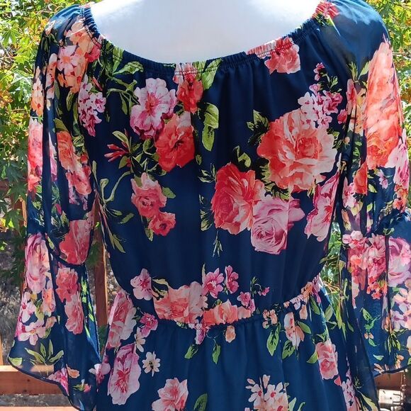 Espresso Dark Floral On/Off Shoulder Dress Cottagecore Coastal Cowgirl - Picture 8 of 12